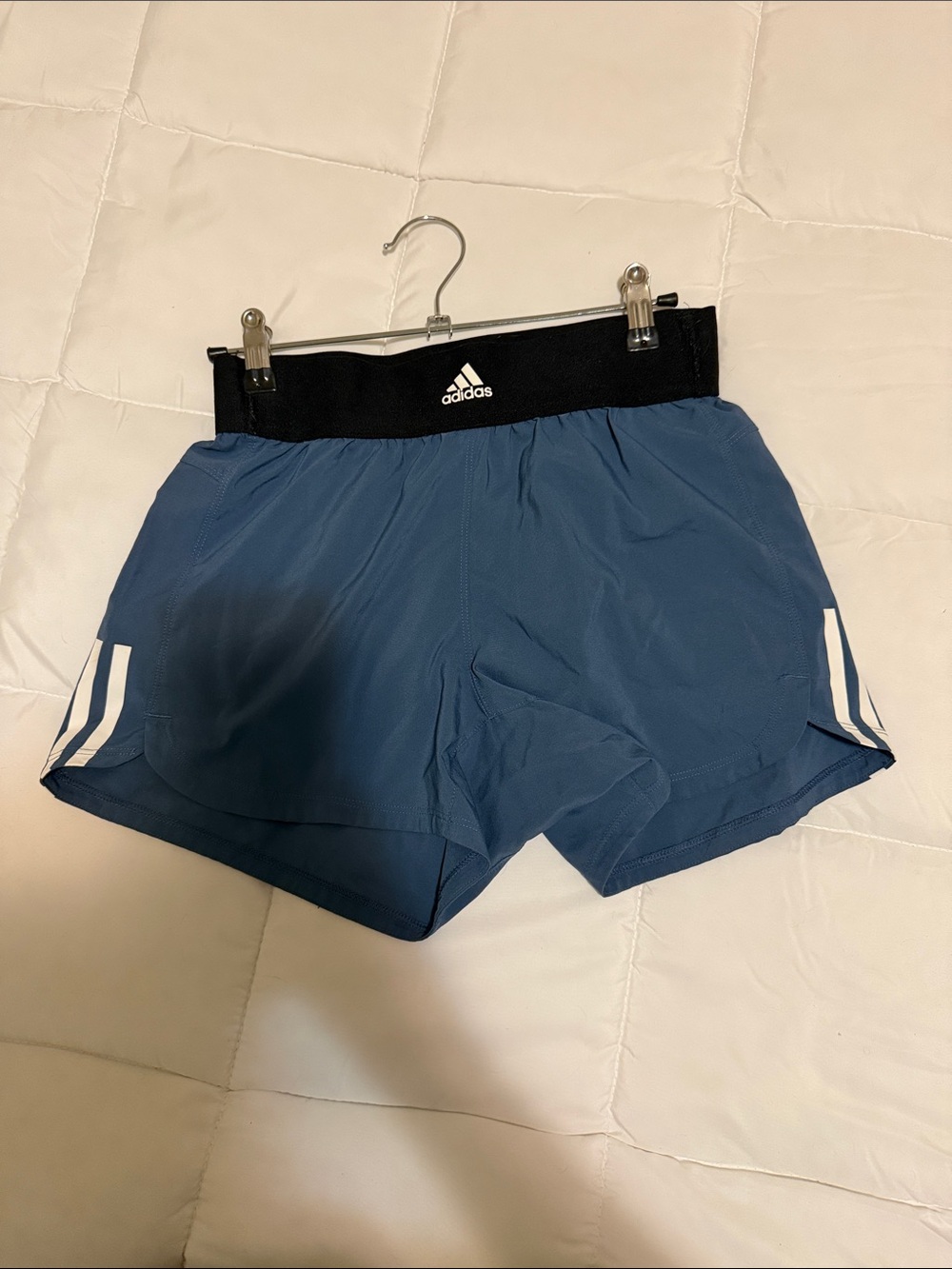 adidas Blue Running Shorts with Black Waistband and White Stripes
